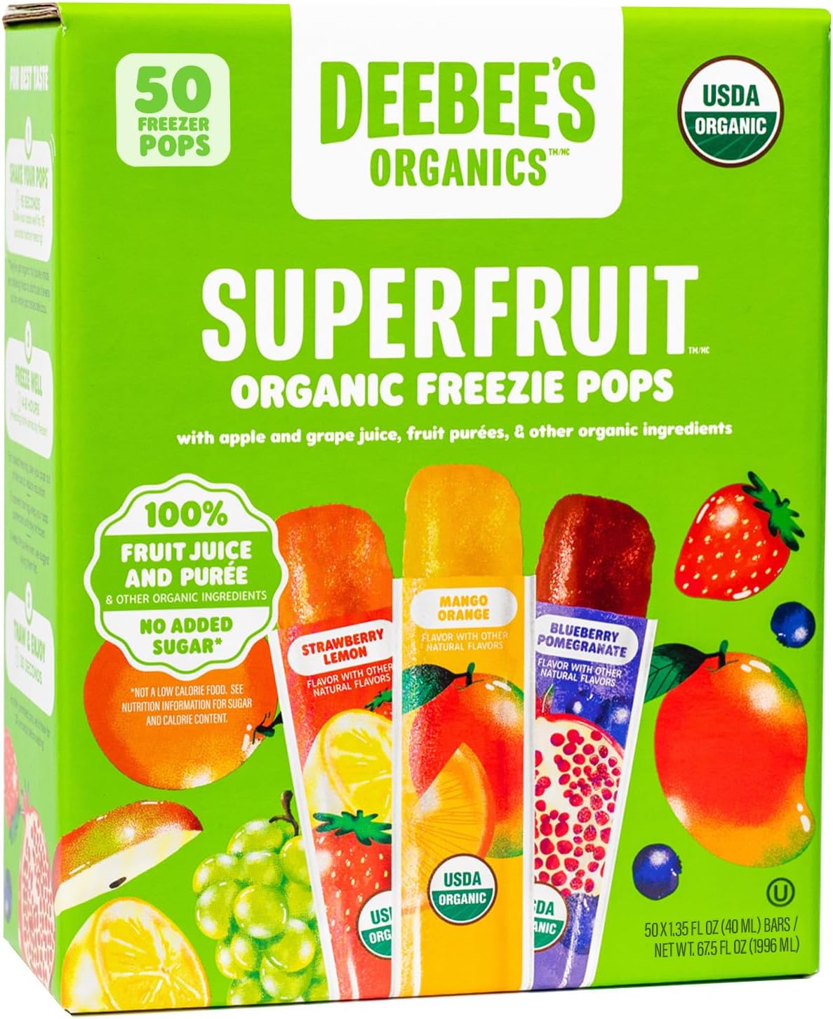 DeeBee's Organics Classic SuperFruit Freezie Pops, No Added Sugars, No Artificial Flavors or Colors (Pack of 50)