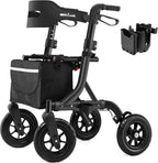 Rollator Walker for Seniors, Foldable All Terrain Rolling Walker with seat, Aluminum Walkers with 10 inch Rubber Wheels, Built-in Cable, Cup Holder, Adjustable Handles and Backrest for Seniors, Black