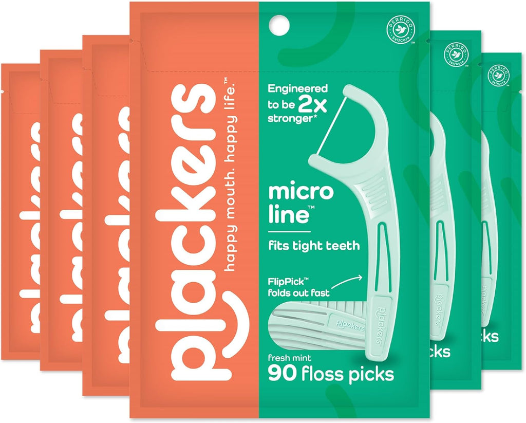 Plackers Micro Line Dental Floss Picks, Fold-Out FlipPick, Tuffloss, Easy Storage with Sure-Zip Seal, Fresh Mint Flavor, 90 Count (6 Pack)