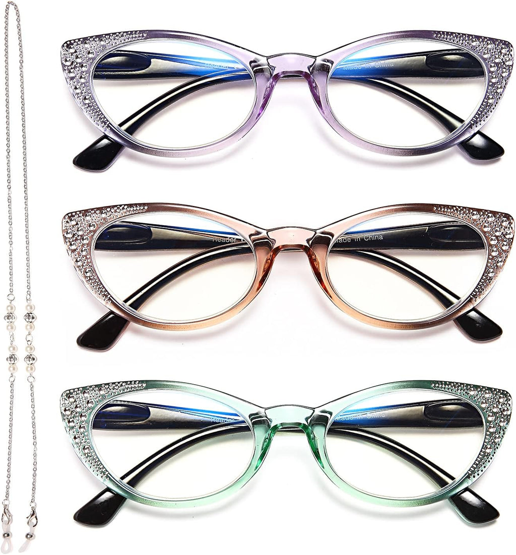 EYEURL Cat Eye Reading Glasses for Women Blue Light Blocking 3 Pack Computer Readers 2.0 Spring Hinge Anti UV Ray/Eye Strain/Glare Eyeglasses
