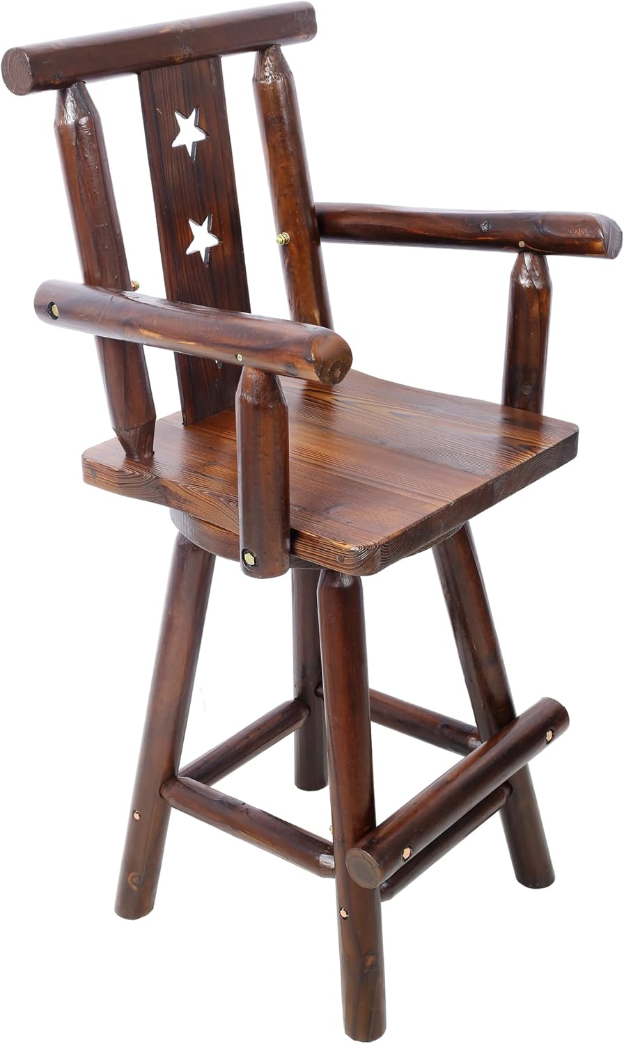 Swivel Bar Stool Wooden Pub Chair with Log-Style Armrests Footrest Decorative Back Tall Rustic Kitchen Dining Counter Seat Star Back Brown