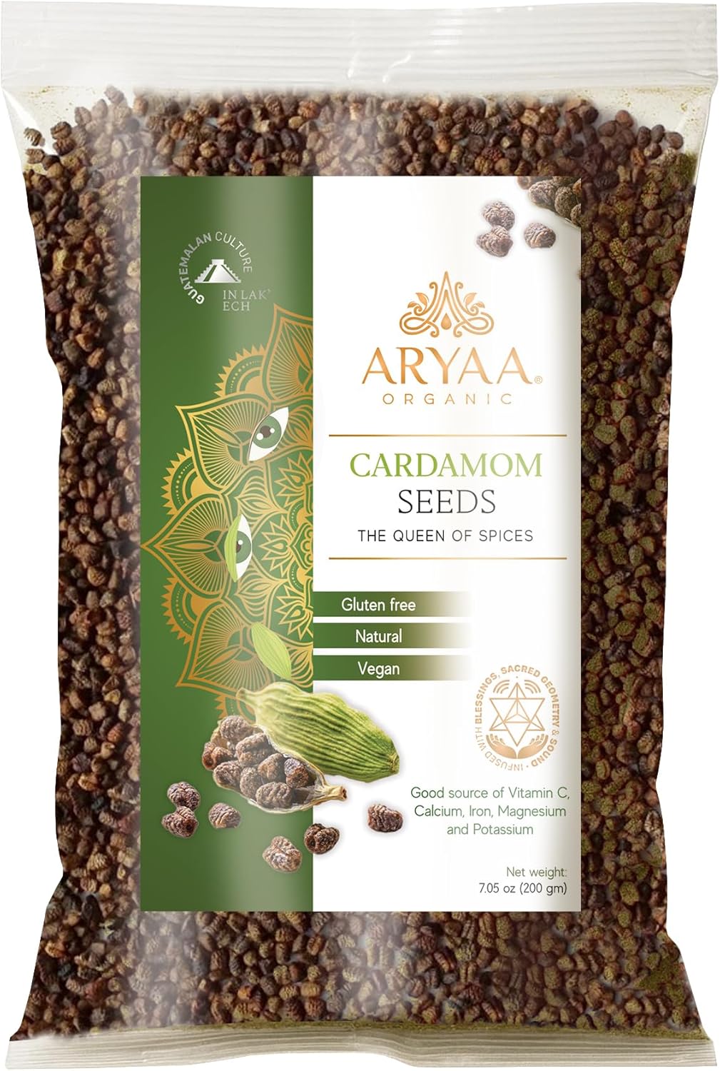 Aryaa Organic Cardamom Seeds 16oz | 100% Guatemalan Green Cardamom | Aromatic & Flavorful | Great for Cooking, Baking, and Beverages (200)