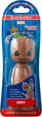 Brush Buddies Marvel Groot Kids Toothbrush, Soft & Rounded Bristles, Poppin' Fun Superhero Toothbrush Cover