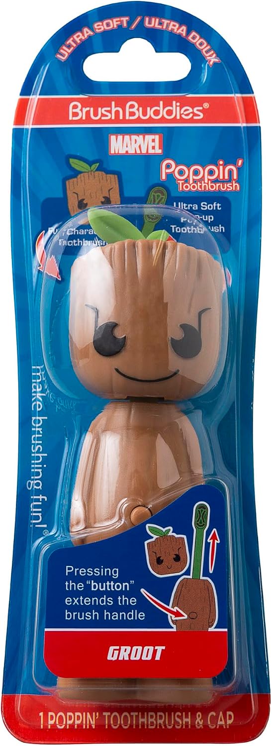 Brush Buddies Marvel Groot Kids Toothbrush, Soft & Rounded Bristles, Poppin' Fun Superhero Toothbrush Cover