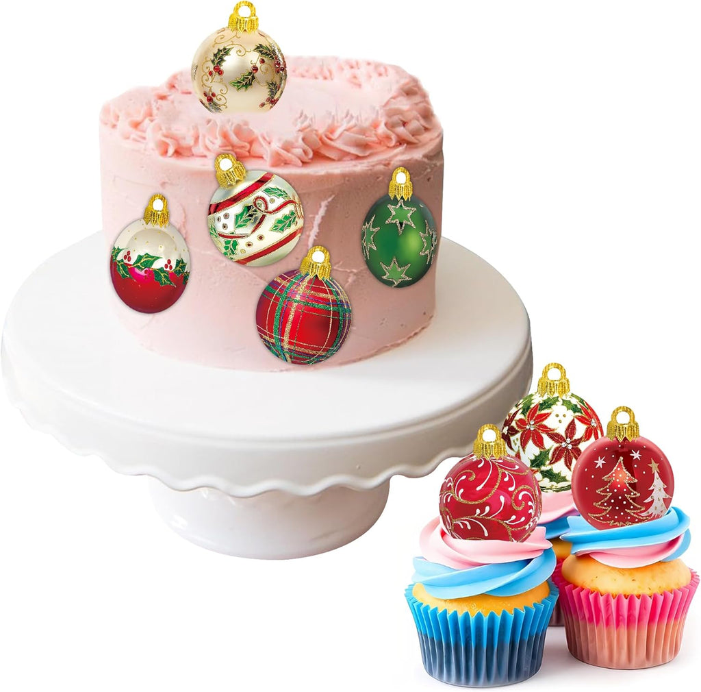 42Pcs Edible Christmas Cupcake Toppers Wafer Paper Christmas Ball Cupcake Picks for Christmas Party Holiday Supplies