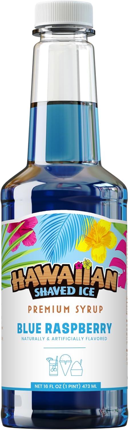 Hawaiian Shaved Ice Blue Raspberry Syrup - Made Nut Soy Dairy Free in the USA - Flavor Fluffy Shaved & Crunchy Snow Cone - Shelf Stable After Opening - Makes 8 Servings - 16 ounces