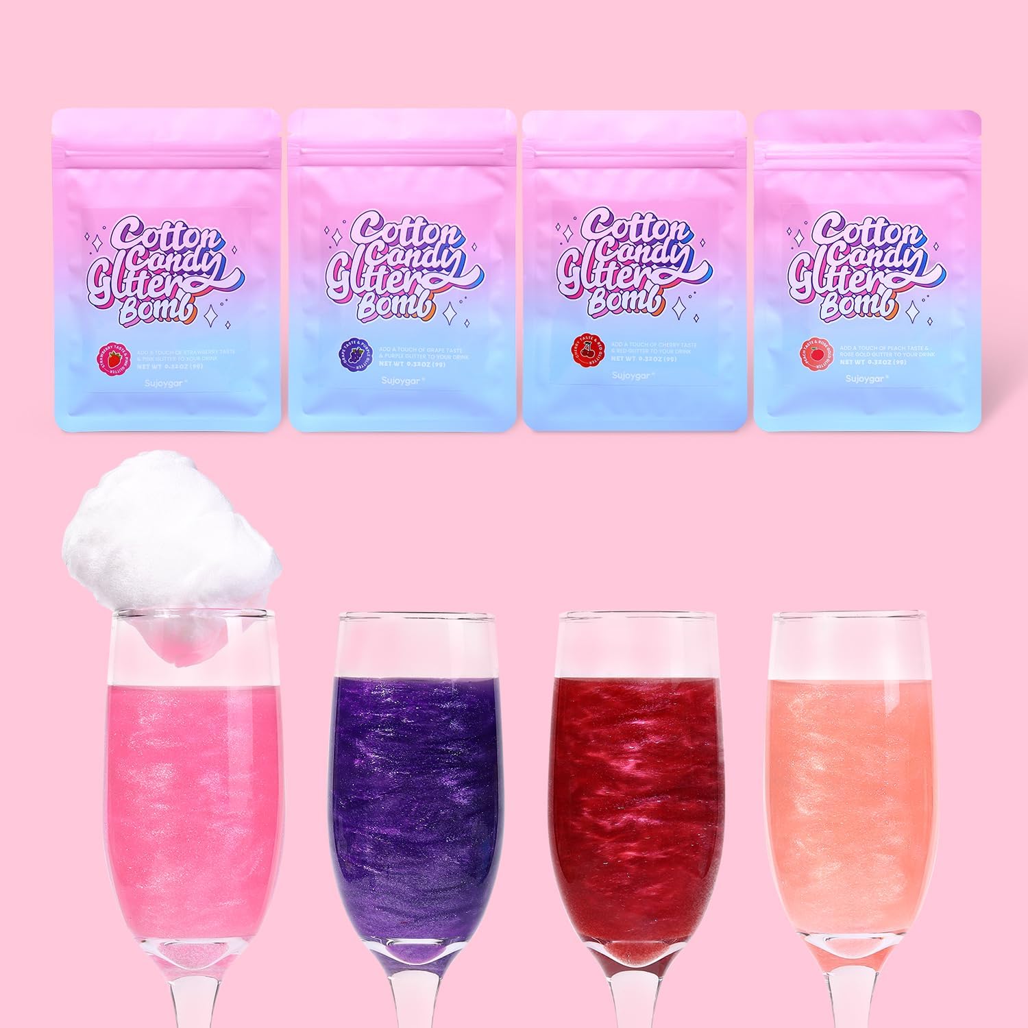 Cotton Candy Glitter Bomb for Drinks, Edible Glitter for Cocktails Sparkling Beverages, 4 Color Glitter Drink Bomb Set, Fruity Flavor, Birthday Party Decoration Wedding Supplies