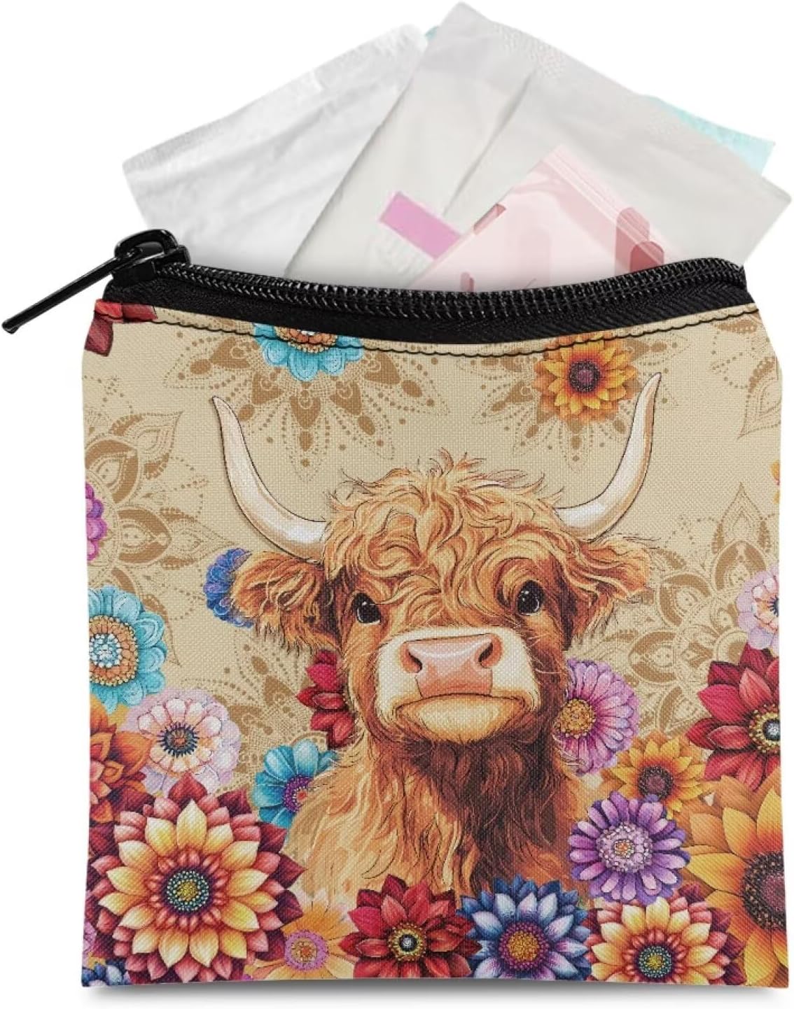 Portable Sanitary Napkin Storage Bag for Women Girls Boho Floral Highland Cow Print Small Period Bag Cute Menstrual Tampon Holder Pouch Zipper Purse