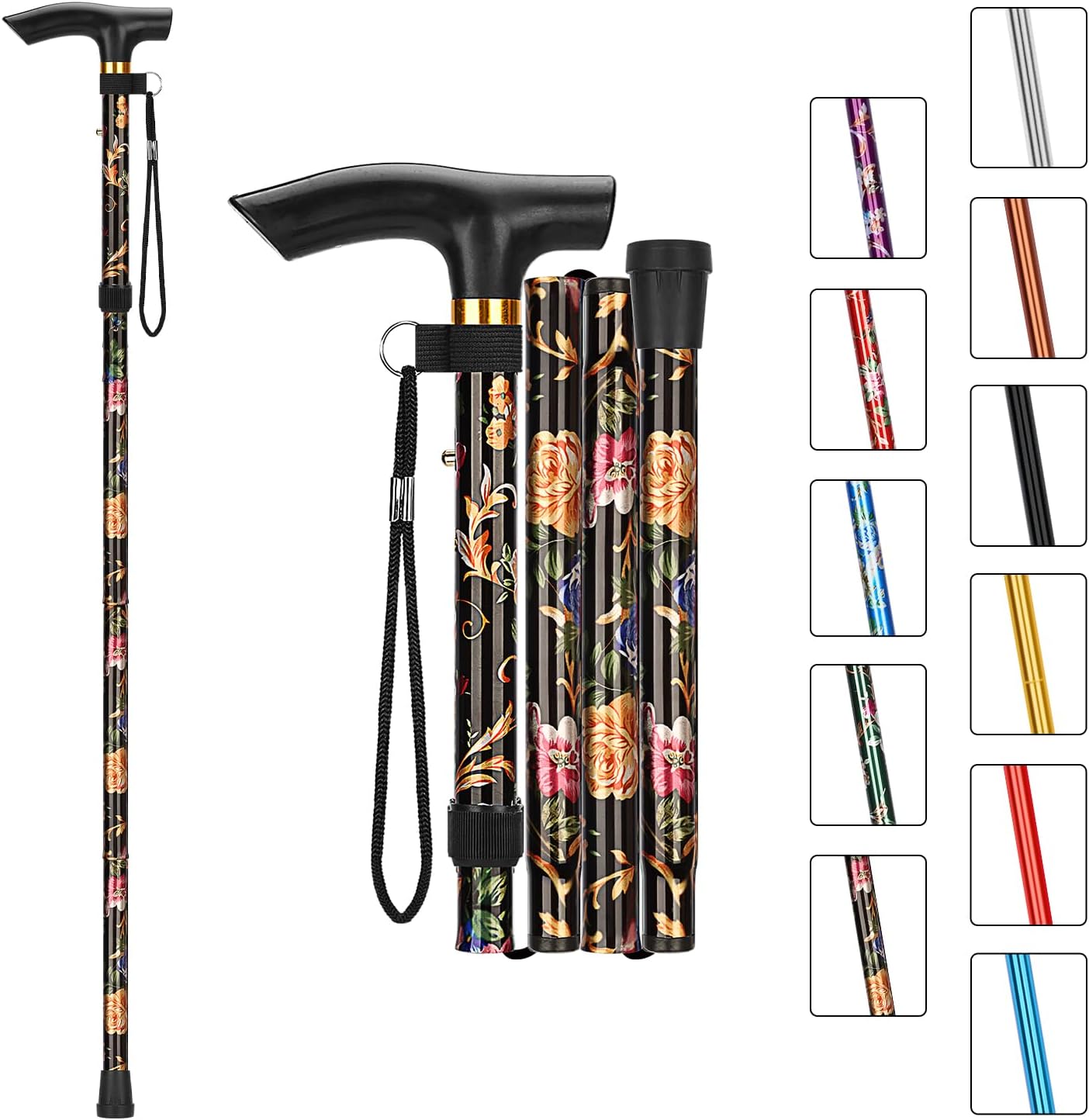 MFE Folding Cane, Portable 5-Level Adjustable Height Walking Stick with Foldable Design, Wrist Strap, and T Handle for Men and Women