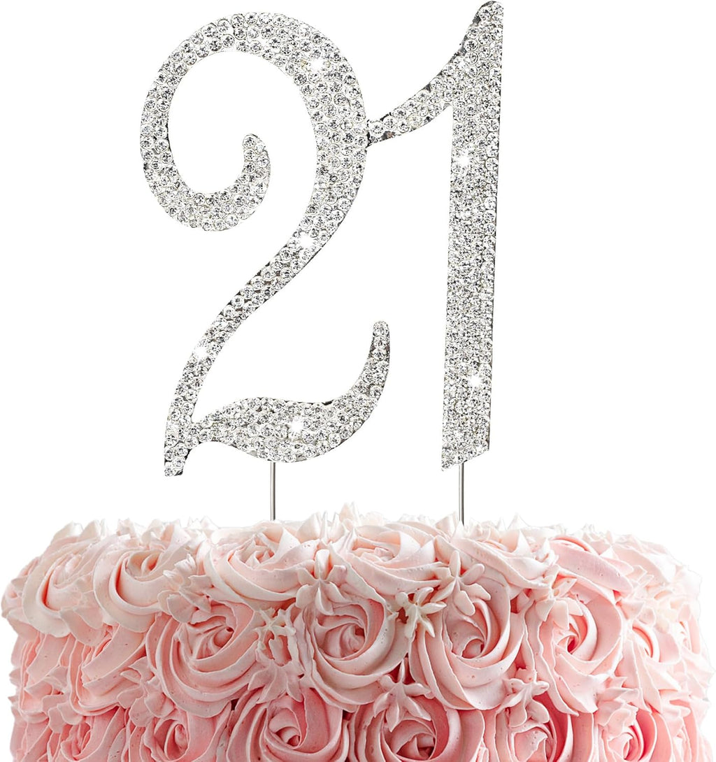 21st Rhinestones Cake Topper, Number 21 Birthday Adult Ceremony or Anniversary Party Decoration Ideas Perfect Keepsake (Silver)