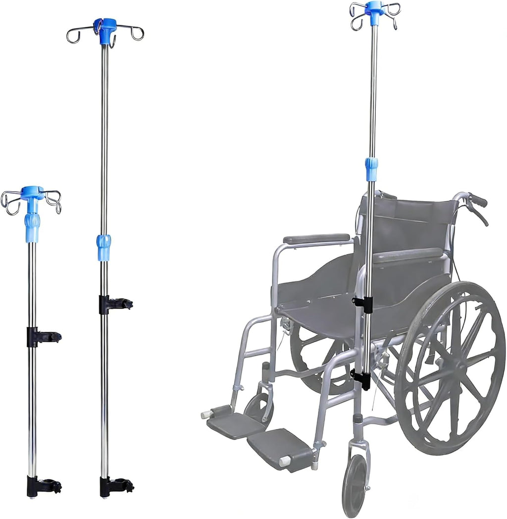 IV Pole Portable for Wheelchair, Adjustable Height IV Stand with Hooks, Medical IV Drip Infusion Bag Holder for for Home Care, Hospitals