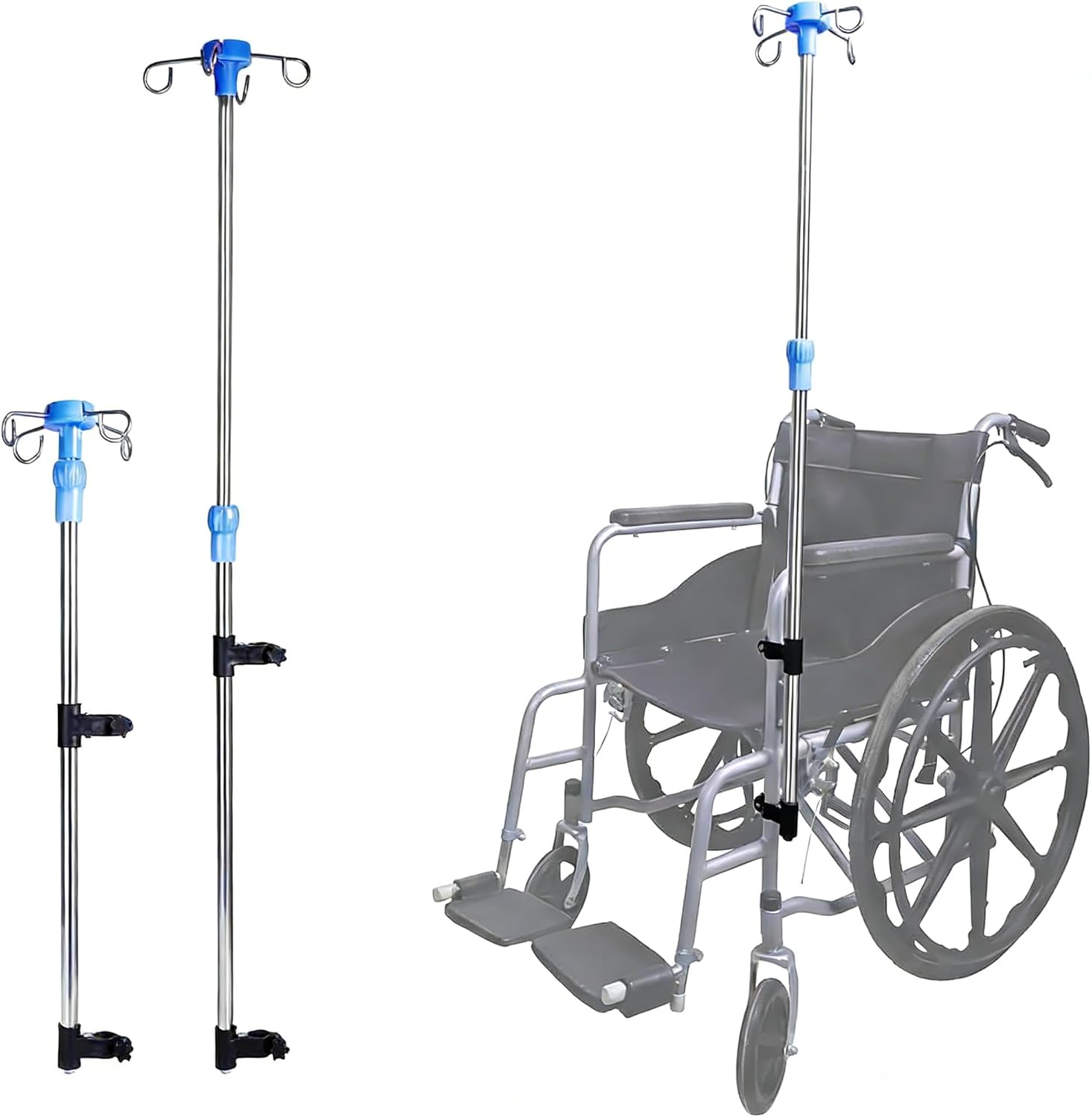 IV Pole Portable for Wheelchair, Adjustable Height IV Stand with Hooks, Medical IV Drip Infusion Bag Holder for for Home Care, Hospitals