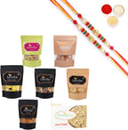 Ghasitaram Gifts Rakhi Gifts for Brothers Rakhi Sweets - Best of 7 Soan Papdi Box, SOYA Sticks, Coin Biscuits, Methi Mathi, Barbeque Cashews, MEWA Bites, Assorted Chocolates Pouch with 2 Beads Rakhis