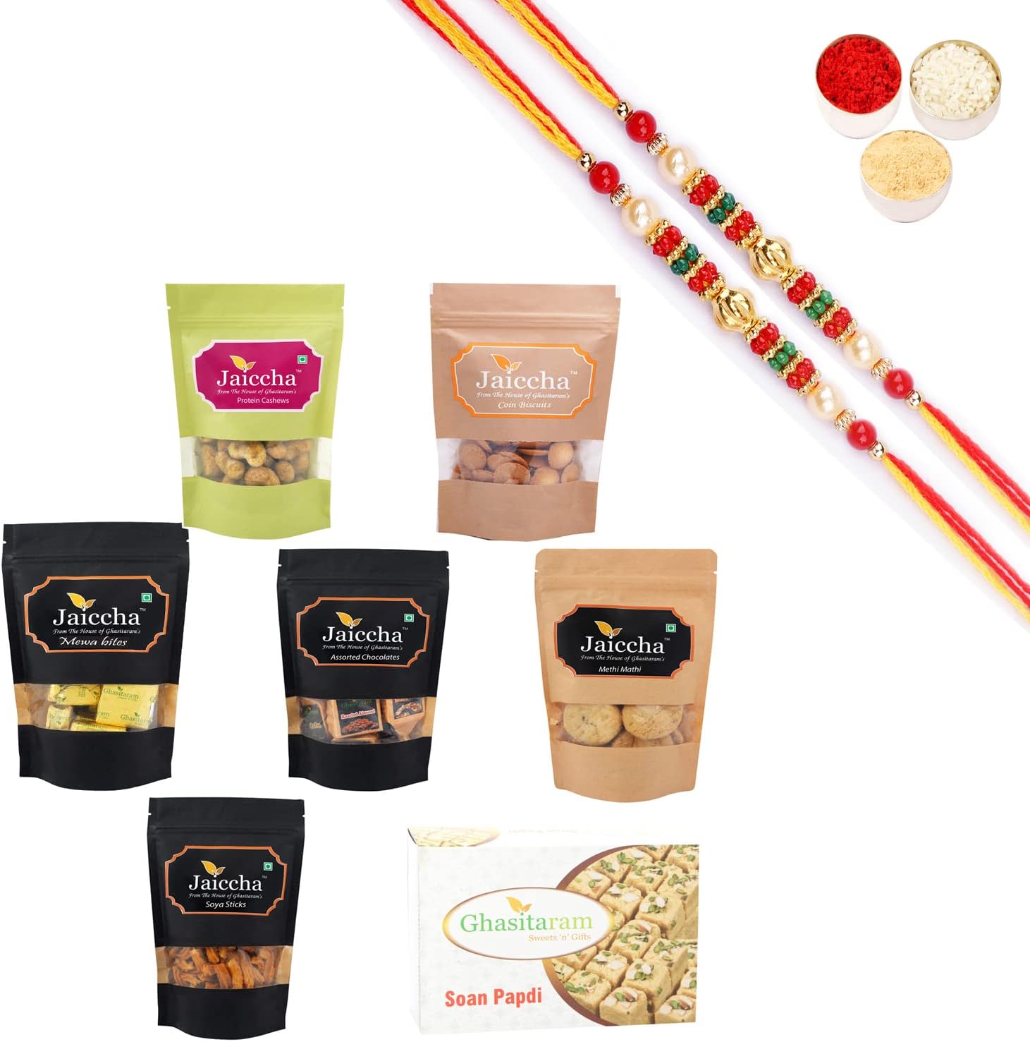 Ghasitaram Gifts Rakhi Gifts for Brothers Rakhi Sweets - Best of 7 Soan Papdi Box, SOYA Sticks, Coin Biscuits, Methi Mathi, Barbeque Cashews, MEWA Bites, Assorted Chocolates Pouch with 2 Beads Rakhis