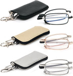 REAVEE 3 Pack Folding Reading Glasses with Keychain Compact Bags for Women Men, Blue Light Blocking Spring Hinge Portable Pocket Readers, Black Gold and Silver 1.5