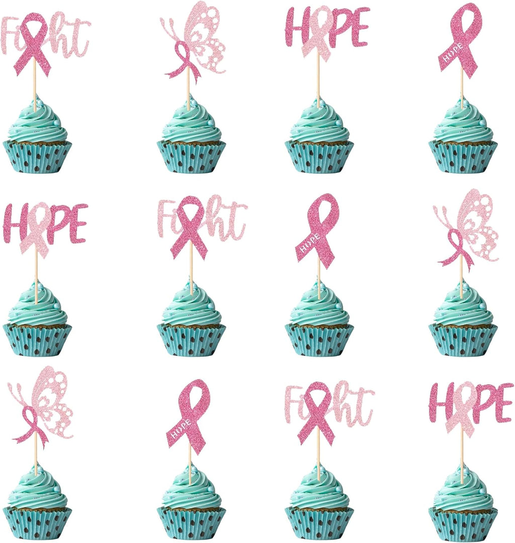 Pink Ribbon Breast Cancer Awareness Cupcake Toppers - 12 Pcs Glitter "Fight Hope" Butterfly Ribbon Picks for Charity Events, Fundraisers, Survivors & Support Party Decorations