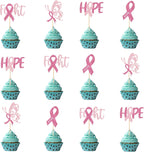 Pink Ribbon Breast Cancer Awareness Cupcake Toppers - 12 Pcs Glitter "Fight Hope" Butterfly Ribbon Picks for Charity Events, Fundraisers, Survivors & Support Party Decorations