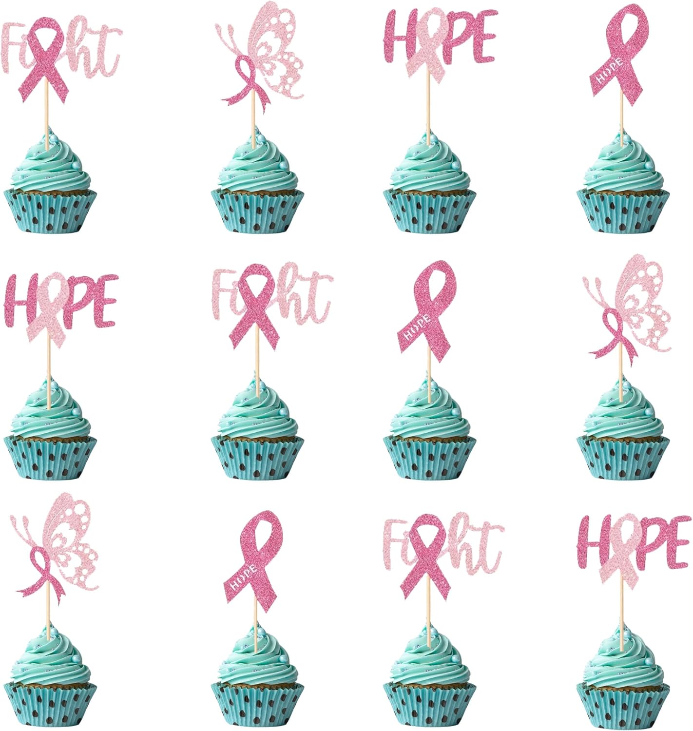 Pink Ribbon Breast Cancer Awareness Cupcake Toppers - 12 Pcs Glitter "Fight Hope" Butterfly Ribbon Picks for Charity Events, Fundraisers, Survivors & Support Party Decorations