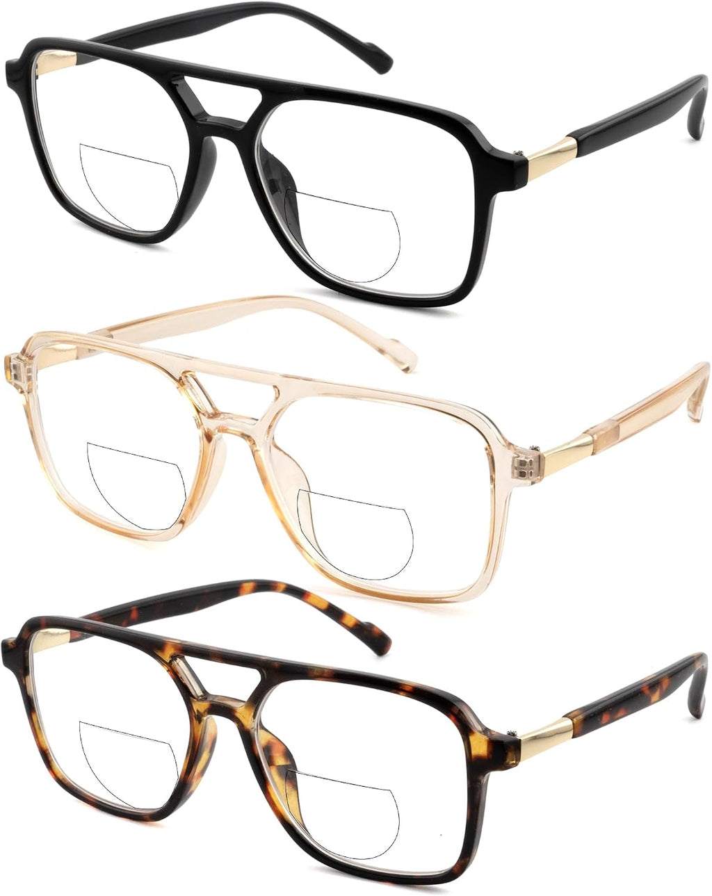 HIYANJN Retro Aviator Bifocal Reading Glasses For Women Men Trendy Classic Rectangle Frame, Fixed Hinge Oversized Readers