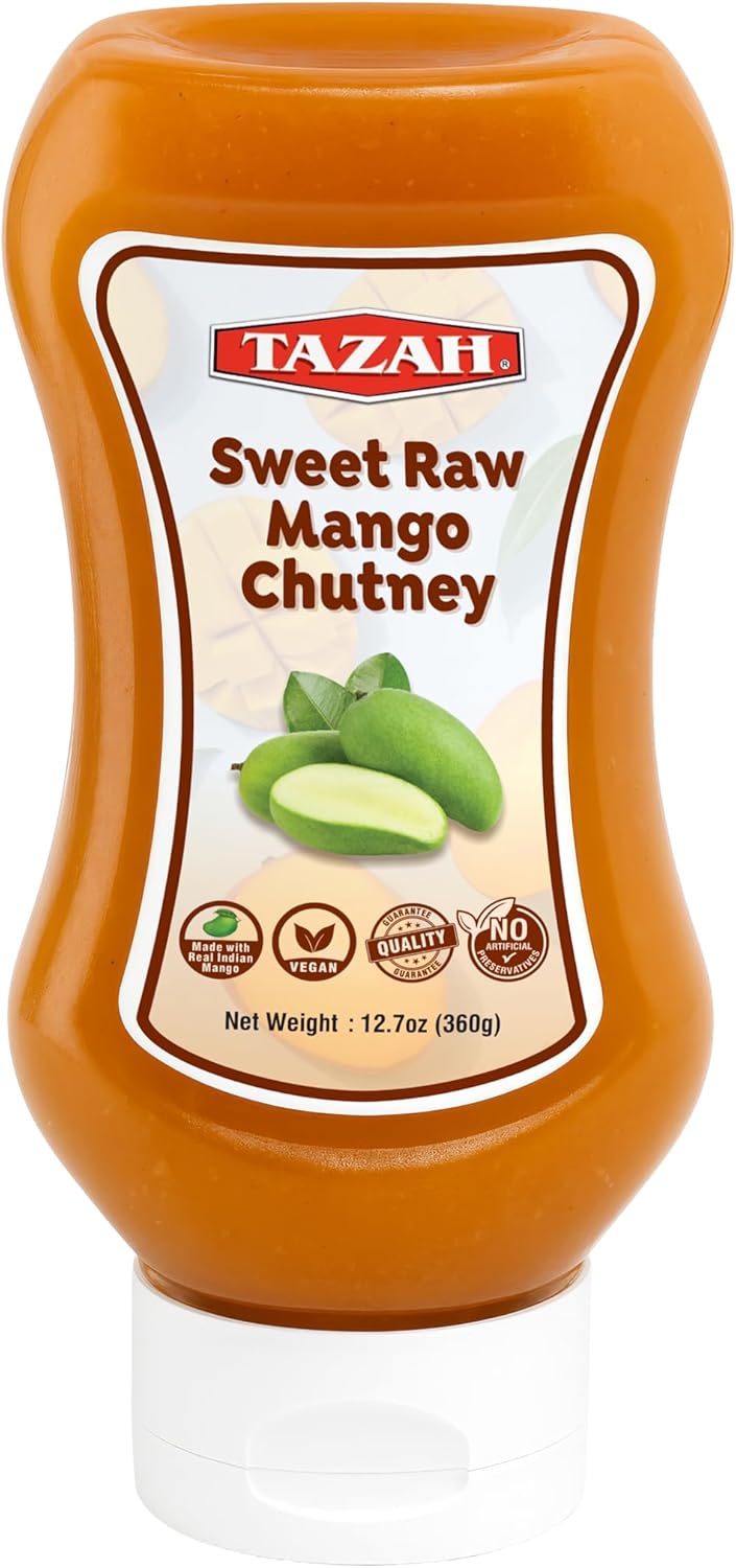 TAZAH Sweet Raw Mango Chutney, 12.7 oz (360g) Squeeze Bottle – Sweet, Tangy & Spiced Indian Mango Chutney – Vegan – No Artificial Preservatives – Product of India