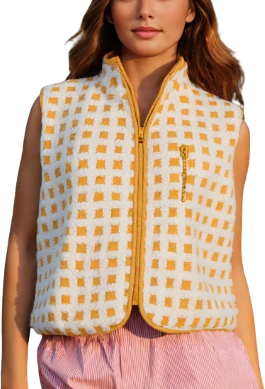 PUWEI Women's Checkered Sherpa Vest Sleeveless Zip Up Fleece Top Crochet Plaid Sherpa Collared Vest with Pocket