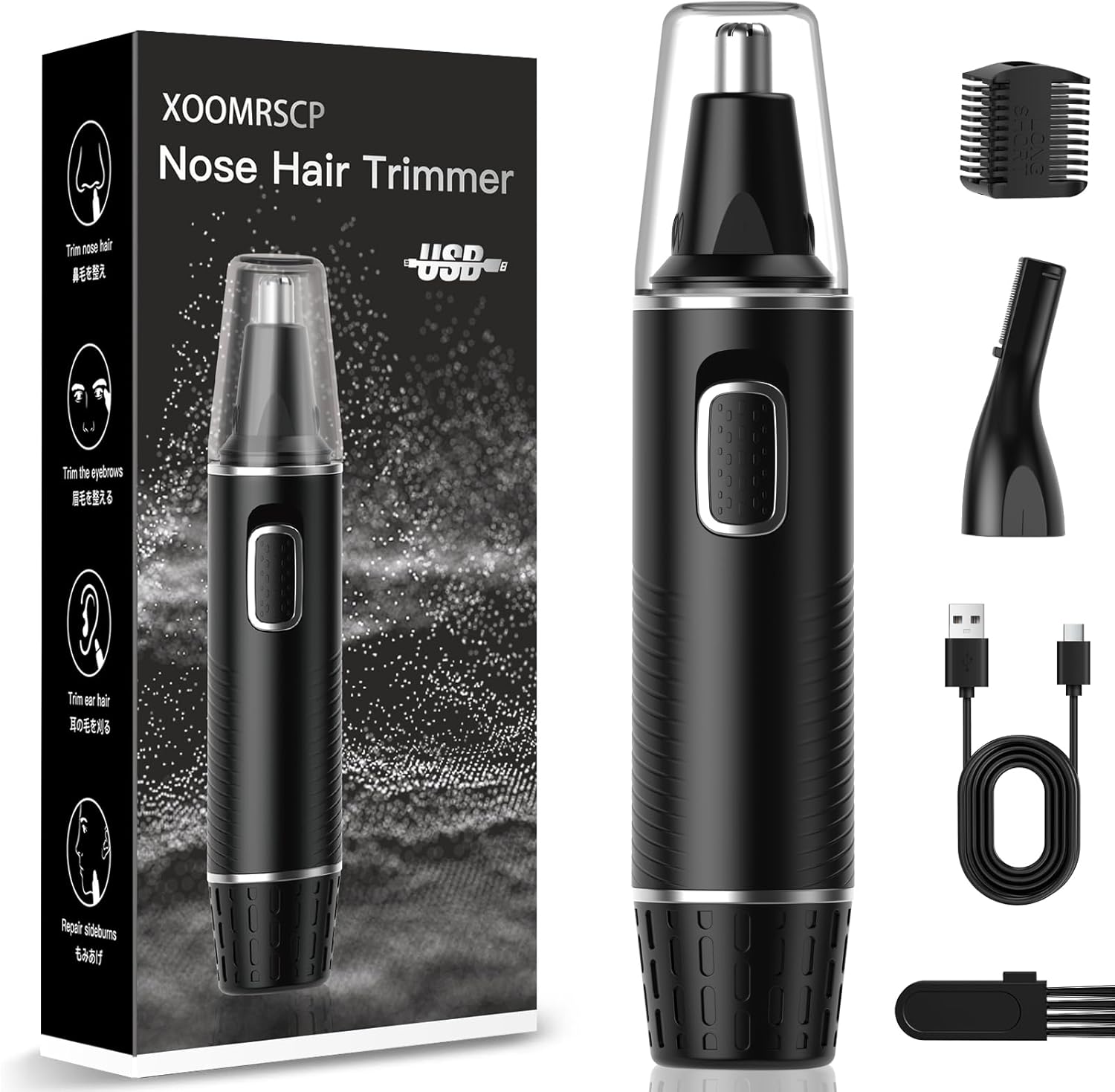 XOOMRSCP Professional Nose Hair Trimmer for Men, Rechargeable 2 in 1 Painless Ear & Nose Hair Trimmer with IPX7 Waterproof Dual-Edge Blades for Eyebrow & Facial Hair (Black)