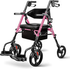 Foldable 2-in-1 Rollator Walker for Seniors with Seat, Lightweight Transport Wheelchair Combo 300 lbs Capacity, All-Terrain Tires, Anti-Tip Brakes, Adjustable Height 33.5"-40"