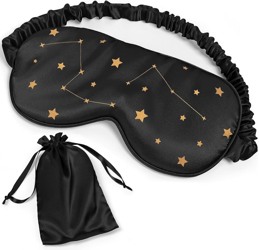 100% Natural Mulberry Silk Sleep Eye Mask with Adjustable Elastic Band for Women & Men Soft Light Blocking Cover Eyeshade Blindfold with Star Printed (Black)