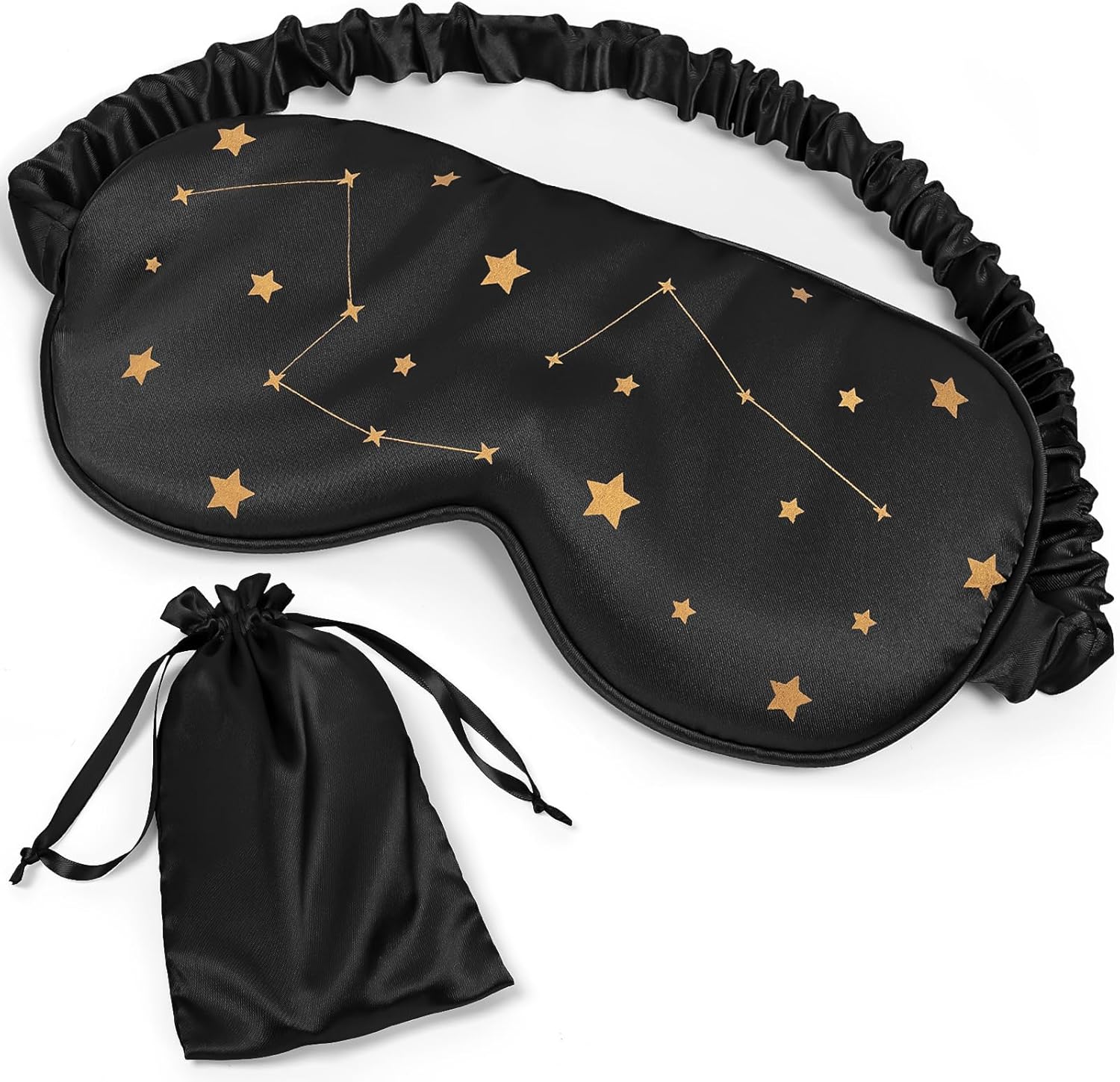 100% Natural Mulberry Silk Sleep Eye Mask with Adjustable Elastic Band for Women & Men Soft Light Blocking Cover Eyeshade Blindfold with Star Printed (Black)