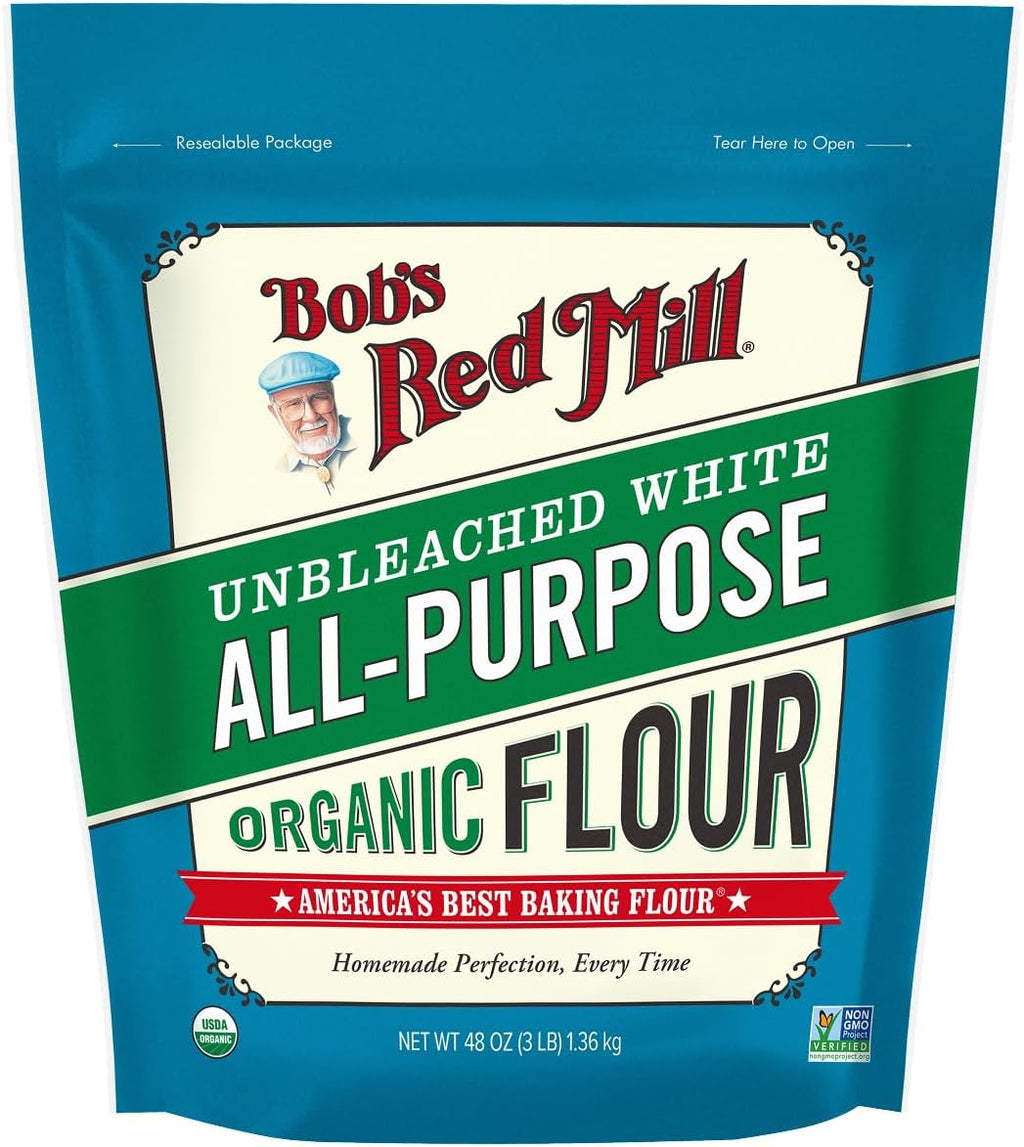 Bob's Red Mill Organic All Purpose Unbleached Flour, 3 Pound (Pack of 1) - Non-GMO, Vegan, Unbromated, Unenriched