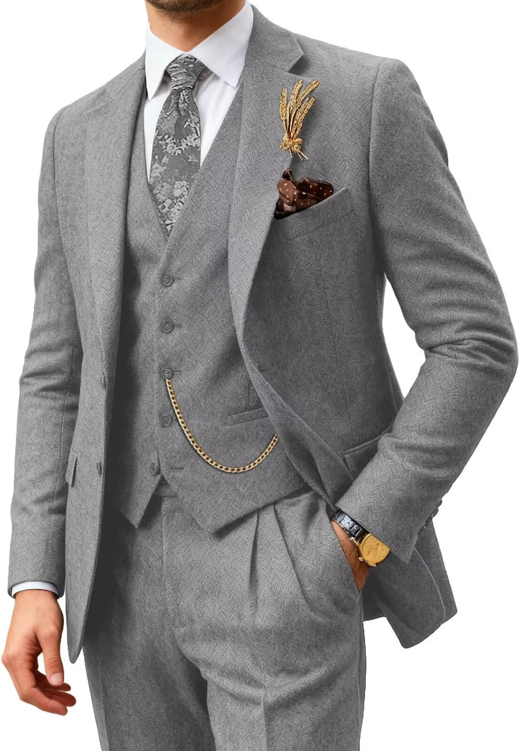 Retro Men Suit 3 Piece Tweed Herringbone Men's Suits Wool Jacket Tuxedos Wedding Grooms Blazer Vest Pants Set Prom