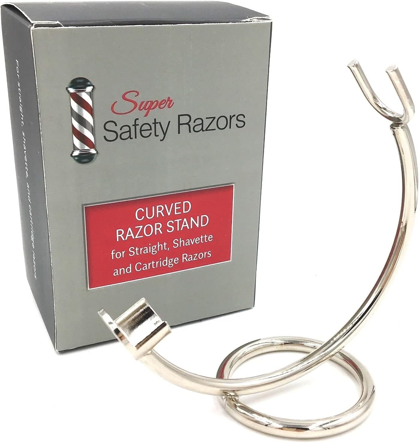 Curved Chrome Razor Stand for Straight, Shavette & Cartridge Razors - Fits 100 mm+ Handle Lengths