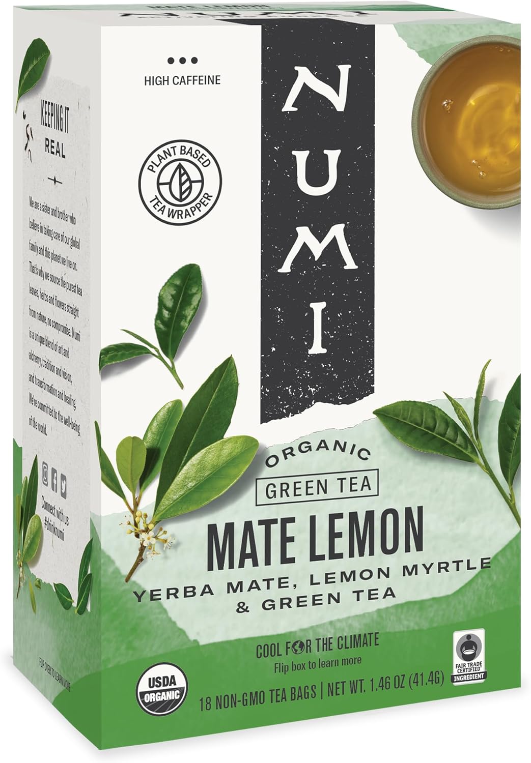 Numi Organic Maté Lemon Tea, 18 Green Tea Bags, Micro-Plastic Free