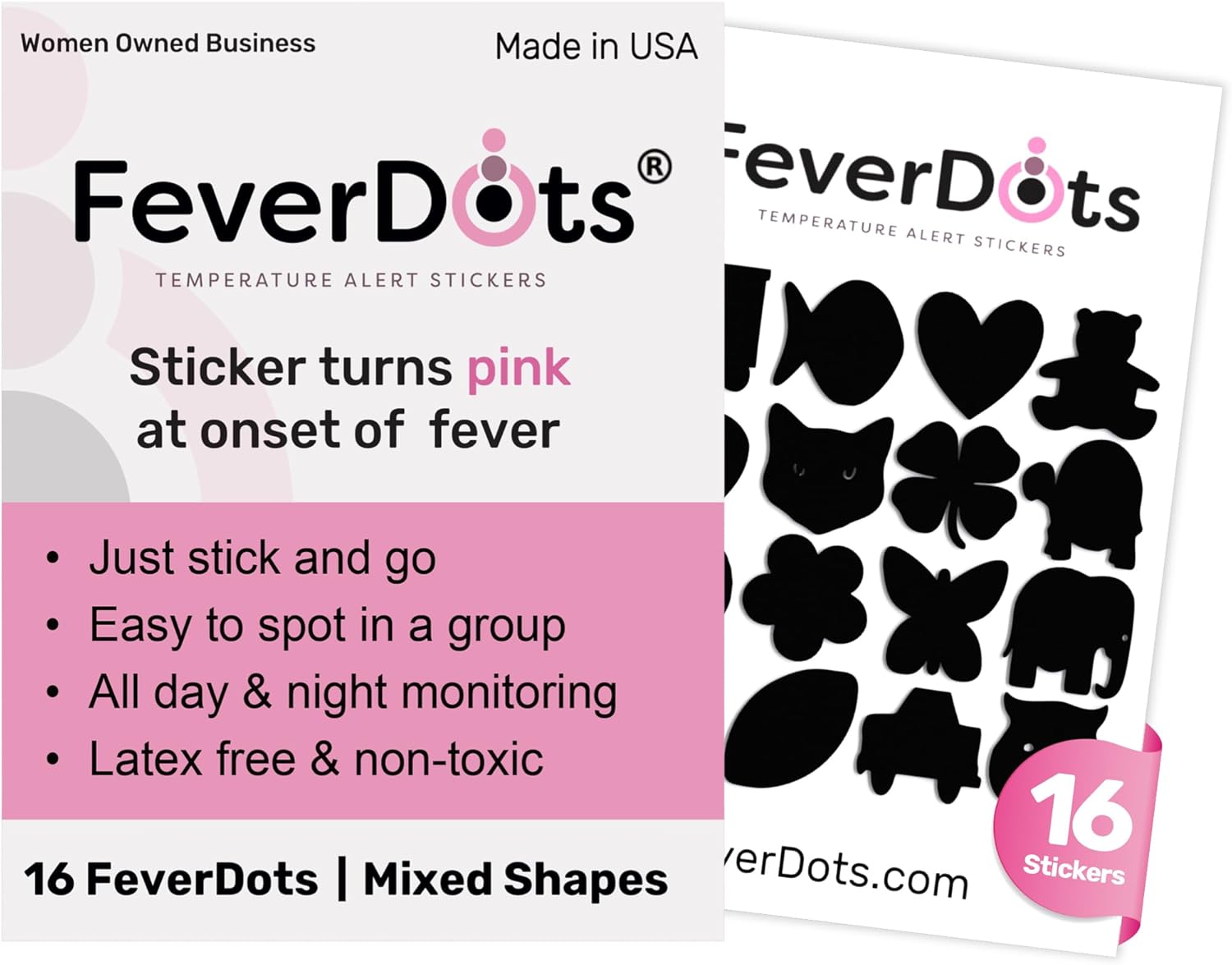 (Shapes 16 Count) FeverAlert for Kids & Adults – Turns Pink at 99°F Giving an Early Visual Cue of Elevated Temperature–Easier to Read Than Fever Strips for Forehead.