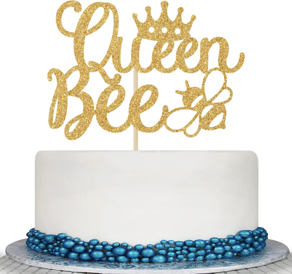 Gold Glitter Queen Bee Cake Topper - Mothers Birthday Cake Topper - Happy Bee Day, Bumble Bee Birthday Party Decorations