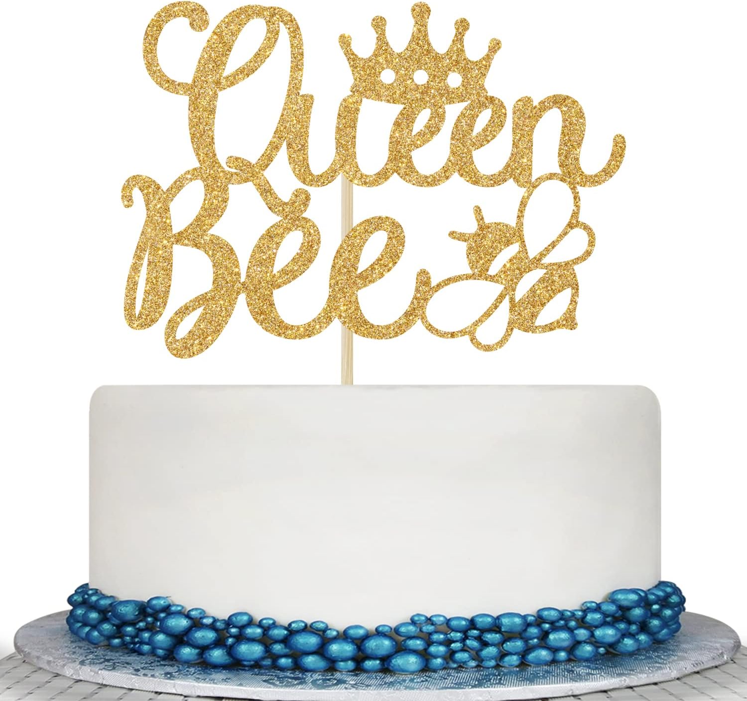Gold Glitter Queen Bee Cake Topper - Mothers Birthday Cake Topper - Happy Bee Day, Bumble Bee Birthday Party Decorations