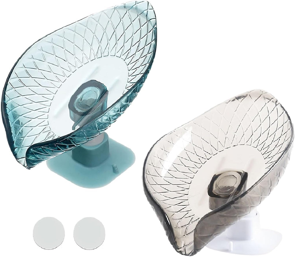 2 Pack Bar Soap Dish Self Draining Soap Holder with Drain for Shower Leaf Shape Soap Holder Sponge Container with Suction Cup for Bathroom Kitchen (Blue+ Gray)