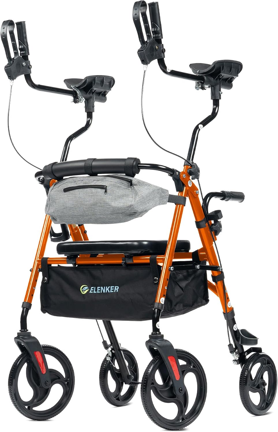 ELENKER Upright Rollator Walker, Stand Up Walkers for Seniors with Armrest, Front Pouch, 10”Wheels, Sponge Padded Seat and Backrest, Fully Adjustment Frame, Orange