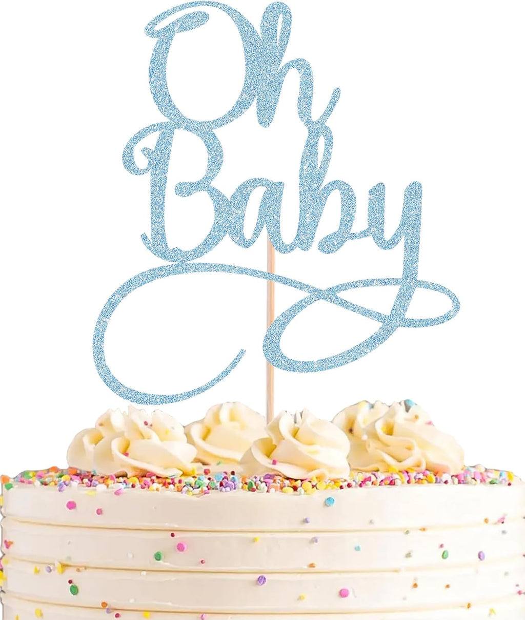 Oh Baby Cake Topper - Light Blue Glitter Baby Birthday Party Cake Decoration Supplies, for Baby Shower/Gender Reveal Party Photo Booth Props