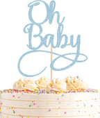 Oh Baby Cake Topper - Light Blue Glitter Baby Birthday Party Cake Decoration Supplies, for Baby Shower/Gender Reveal Party Photo Booth Props