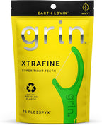 GRIN XtraFine Flosspyx, Floss Picks, 75 Count, Dental Flossers, Minty Flavor, Recycled Plastic, for Super Tight Teeth, Longer Floss Head, Slide Between Teeth, Includes Safe Soft Fold-Back Tooth Pick
