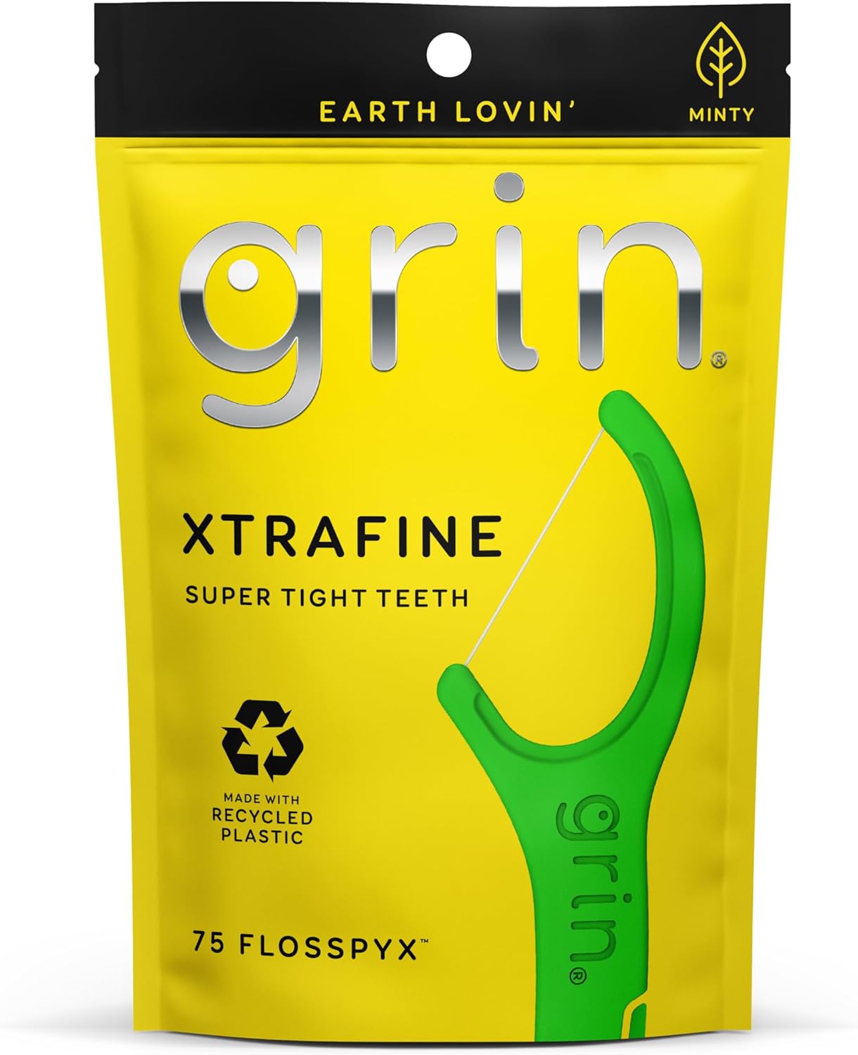 GRIN XtraFine Flosspyx, Floss Picks, 75 Count, Dental Flossers, Minty Flavor, Recycled Plastic, for Super Tight Teeth, Longer Floss Head, Slide Between Teeth, Includes Safe Soft Fold-Back Tooth Pick