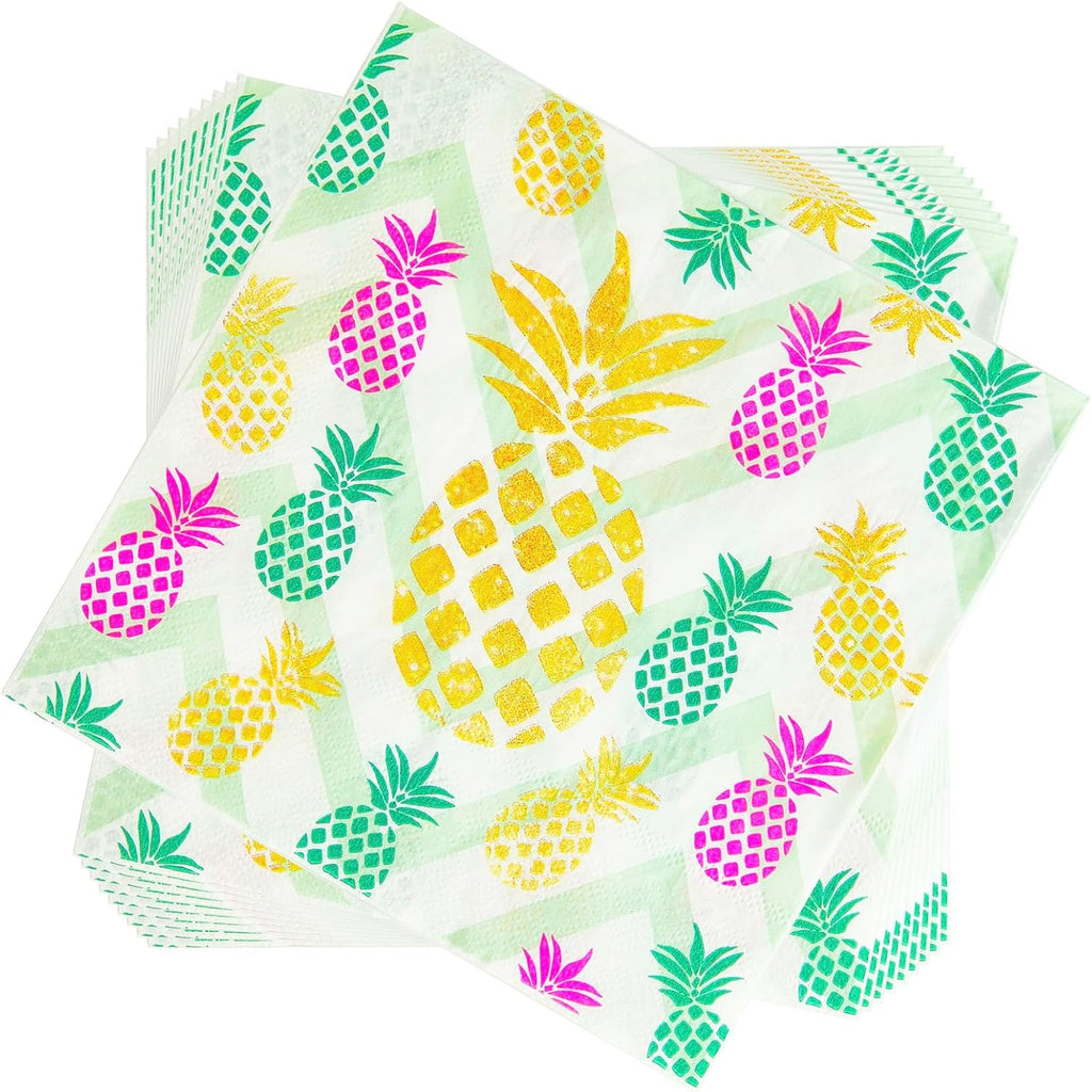 100 Count Disposable Paper Party Napkins 2 Ply Pineapple Print Decorative Beverage Guest Luncheon Dinner Cocktail Napkins for Theme Party Birthday Wedding, 6.5X6.5 Inches Folded