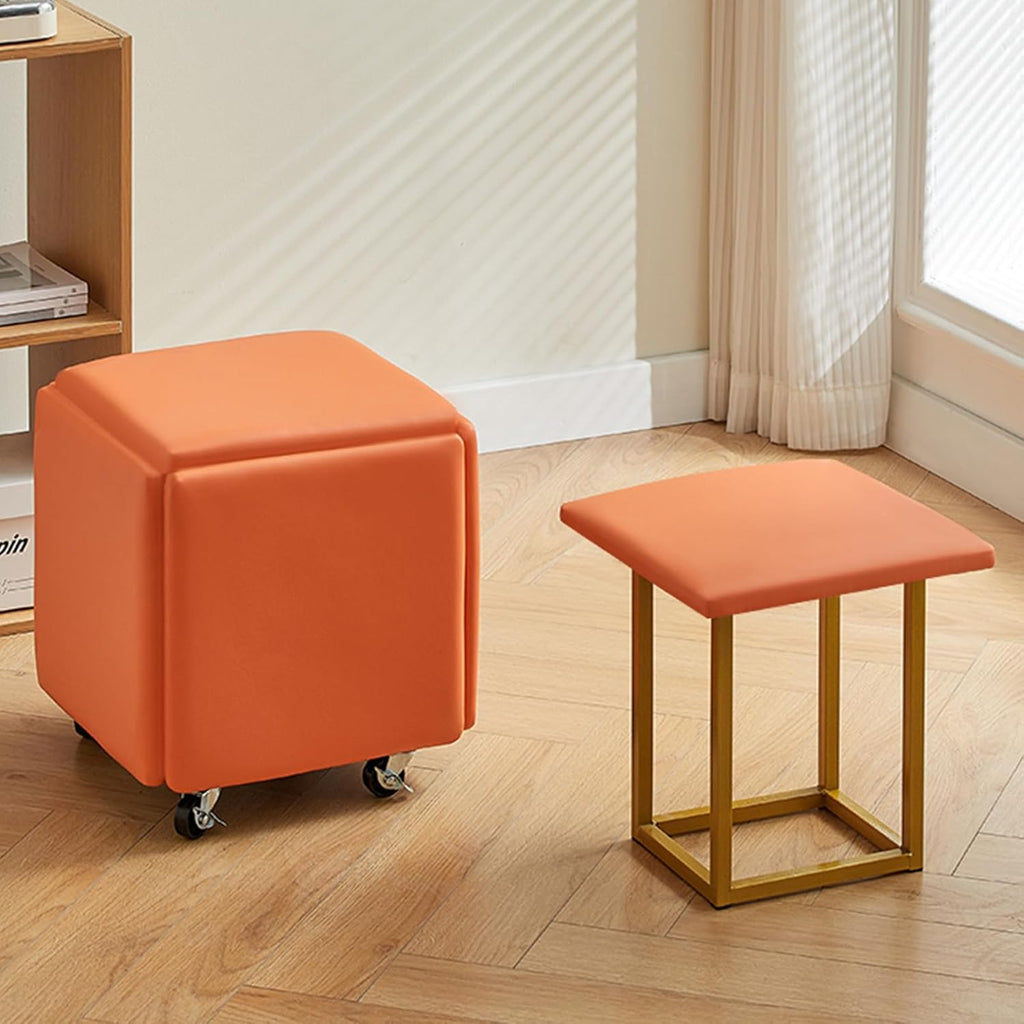 5 in 1 Nesting Ottoman Cube Chair, Movable Stackable Stools with Wheels, Square Leather Foot Stool for Living Room Dining Room(13.7", Orange)