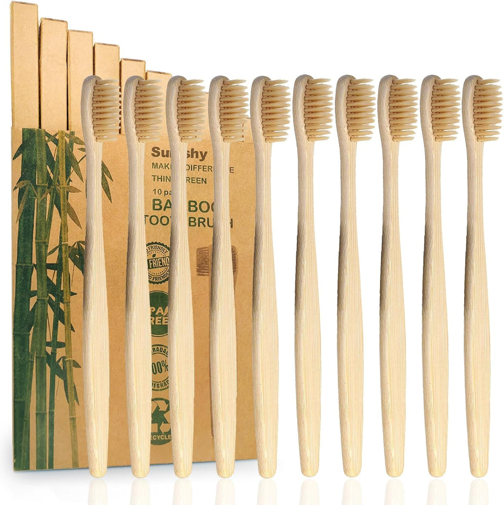 10 Pack Bamboo Toothbrushes | Biodegradable & Compostable Eco-Friendly Natural Bamboo Charcoal Toothbrushes | BPA Free Soft Bristles Wooden Toothbrush - 100% RECYCLED PACKAGING (Adult - 10 Beige)