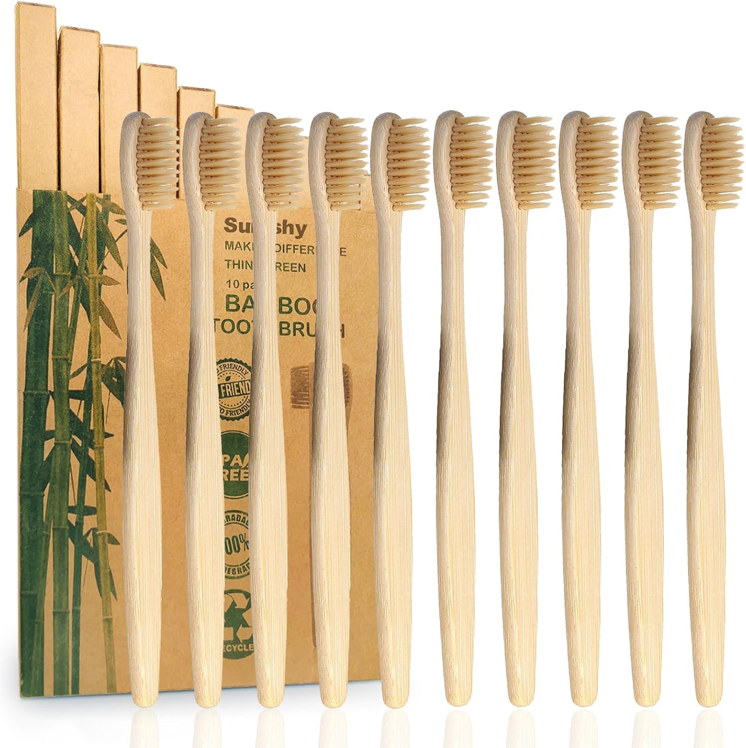 10 Pack Bamboo Toothbrushes | Biodegradable & Compostable Eco-Friendly Natural Bamboo Charcoal Toothbrushes | BPA Free Soft Bristles Wooden Toothbrush - 100% RECYCLED PACKAGING (Adult - 10 Beige)
