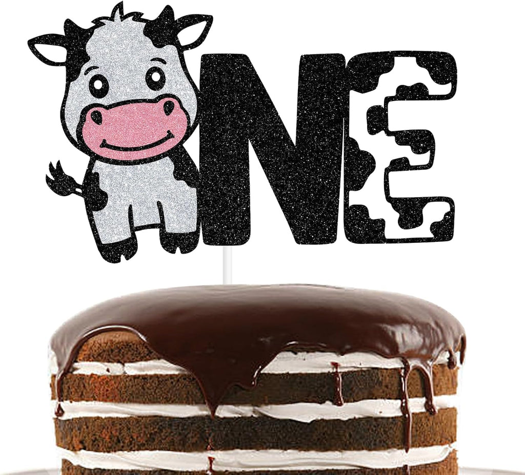 Black Glitter Cow One Cake Topper, Holy Cow I'm One Cake Décor, Cow Wild Animals Themed Baby's 1st Birthday Party Decorations Supplies