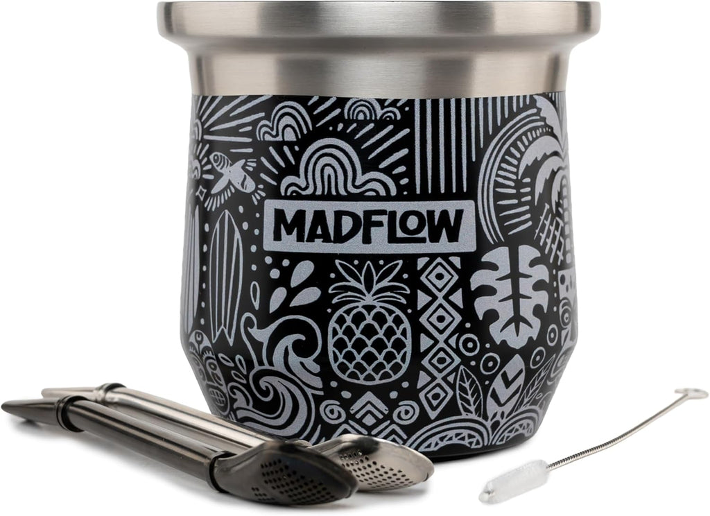 MADFLOW Yerba Mate Cup. Stainless Steel Mate Cup with 2 Bombillas. Double Wall Vacuum Insulated Yerba Mate Gourd. Unique Mate Cup And Bombilla Set