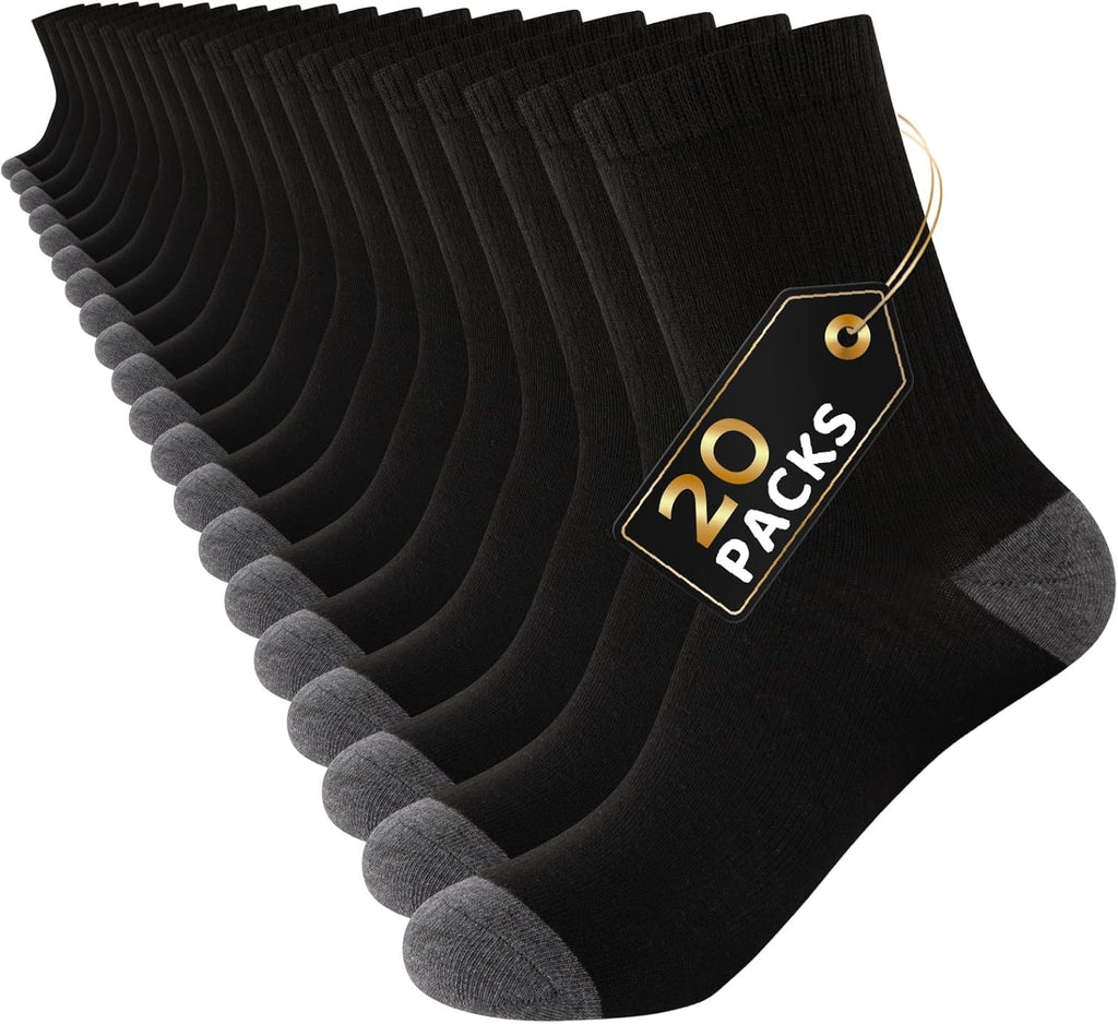20 Pairs Mens Crew Socks - Breathable Thin Quarter Socks for Men Size 8-12/12-16, Casual Bulk Value Pack
