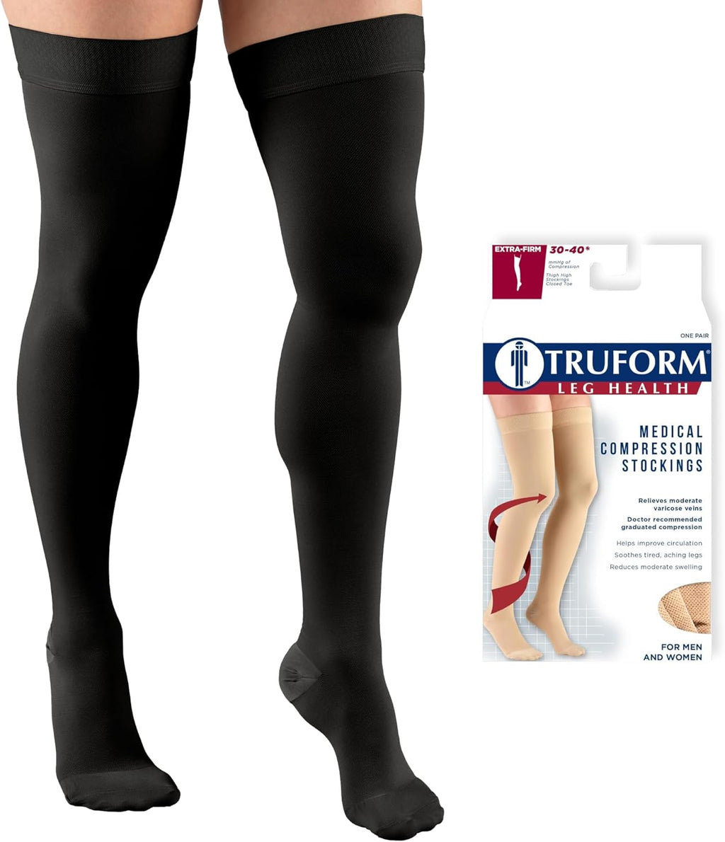 Truform 30-40 mmHg Compression Stockings for Men and Women, Thigh High Length, Dot-Top, Closed Toe, Black, Large